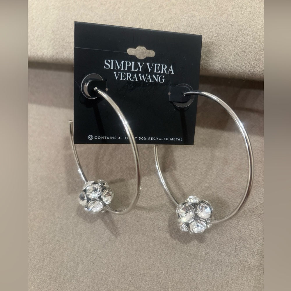 NWT Simply Vera Vera Wang Silver Tone Rhinestones Crystal Social Hoop Earrings